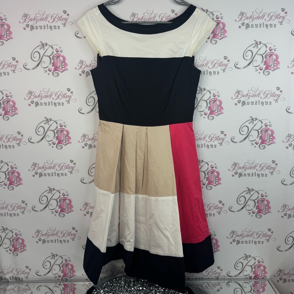 Kate Spade dress pleated Pink, Black, and White cream colorblock cinch Dress